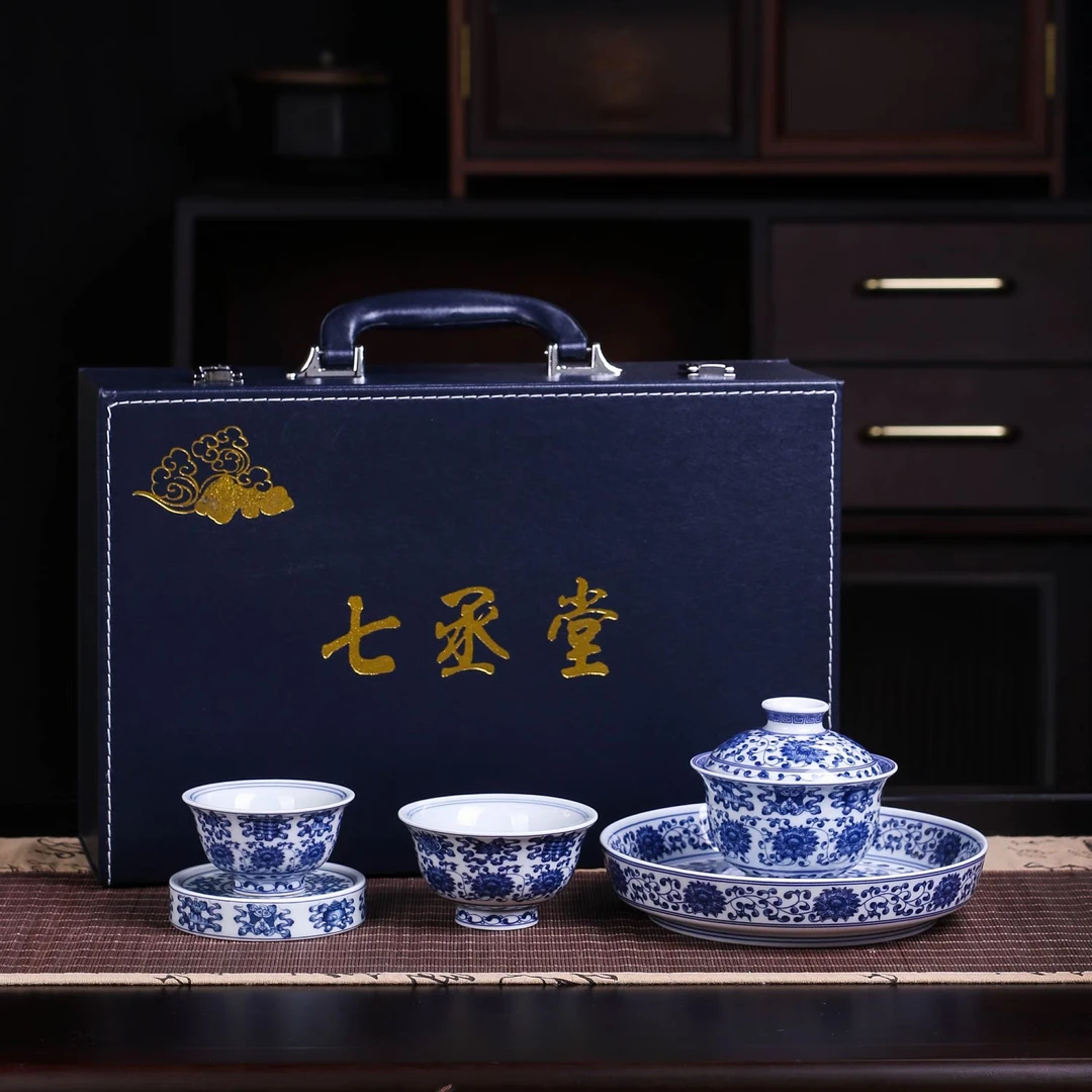 景德镇手工手作釉下彩八宝缠枝莲陶瓷茶具套装（带礼盒）