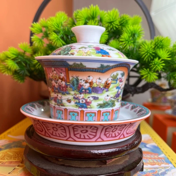 景德镇手工手作百子图高端三才马蹄盖碗