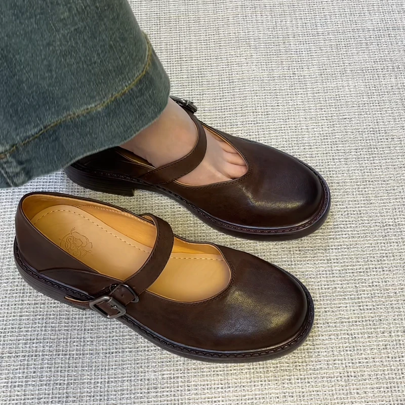 复古圆头真皮乐福鞋小皮鞋英伦风厚底单鞋一字带玛丽珍鞋女