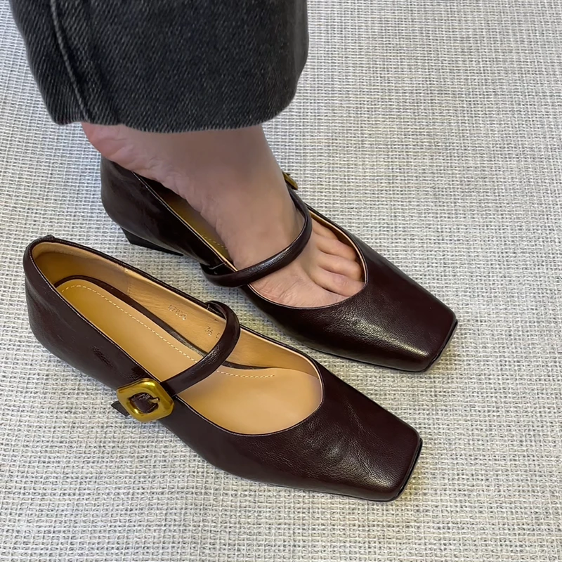 法式玛丽珍方头软羊皮单鞋女2024新款秋季底跟粗跟单鞋