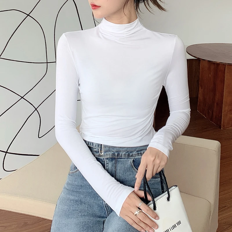 白色莫代尔半高领打底衫女内搭长袖2023年秋冬季洋派薄款紧身上衣