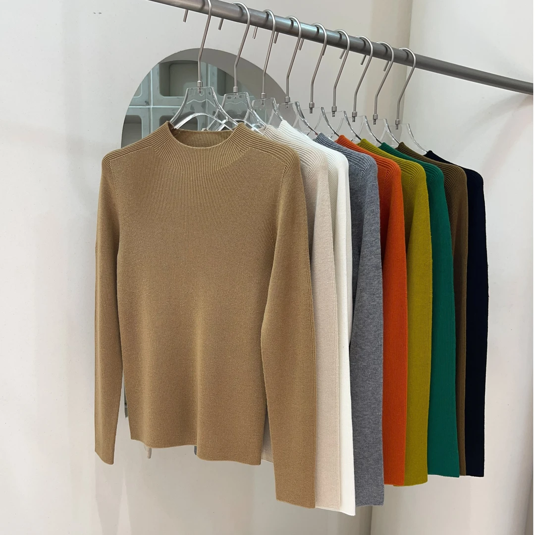 秋冬精纺长袖羊毛衫无缝款女士半高领打底针织衫气质修身显瘦百搭