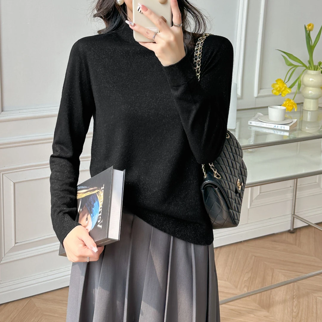 可机洗不起球精纺纯羊毛一线成衣无缝星空闪羊毛衫半高领长袖毛衣