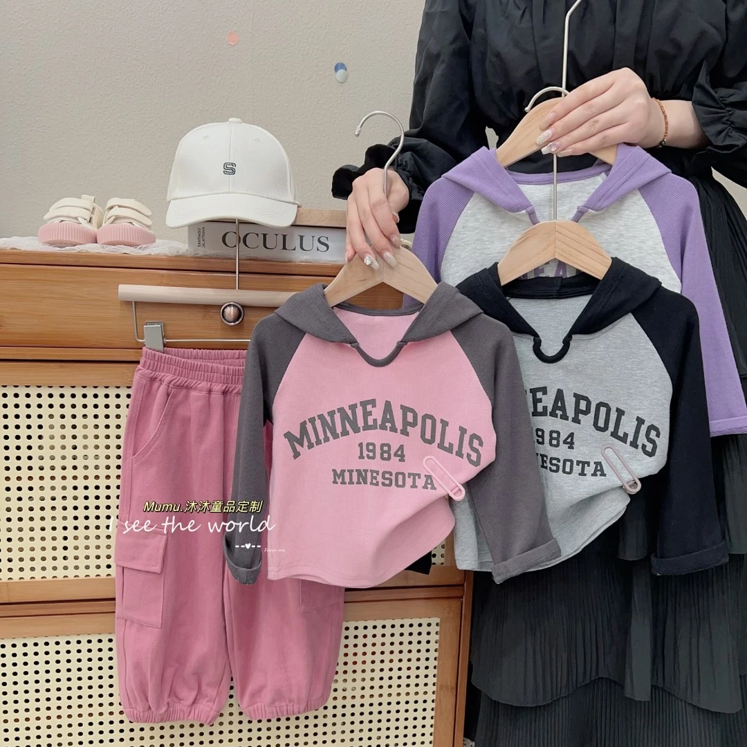 207女童连帽打底衫秋冬新款儿童针织坑条T恤衫插肩撞色百搭上衣