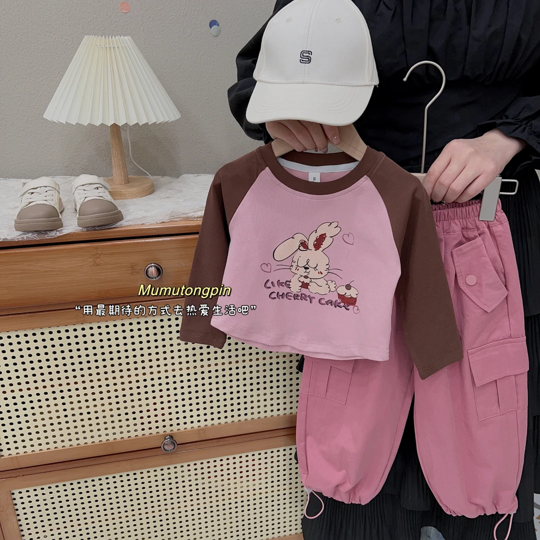 女童套装秋季新款2023韩版洋气插肩长袖打底衫工装裤两件套时尚潮