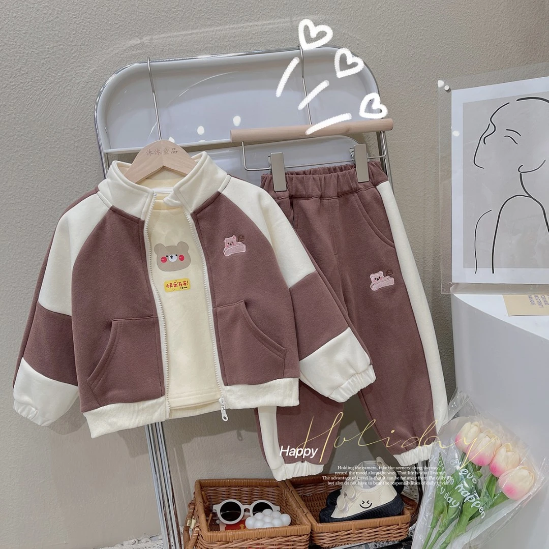 小熊秋冬加厚三件套A095幼儿园神套装可爱加绒卡通套装韩版潮