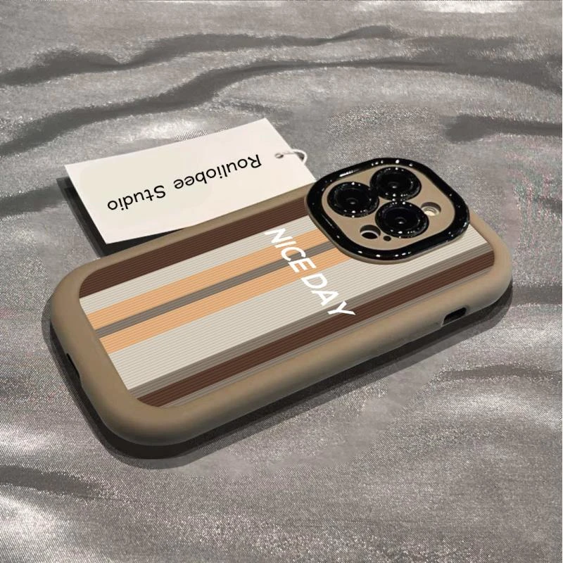 创意棕色复古条纹苹果15手机壳iphone13/14promax泡芙壳12防摔11