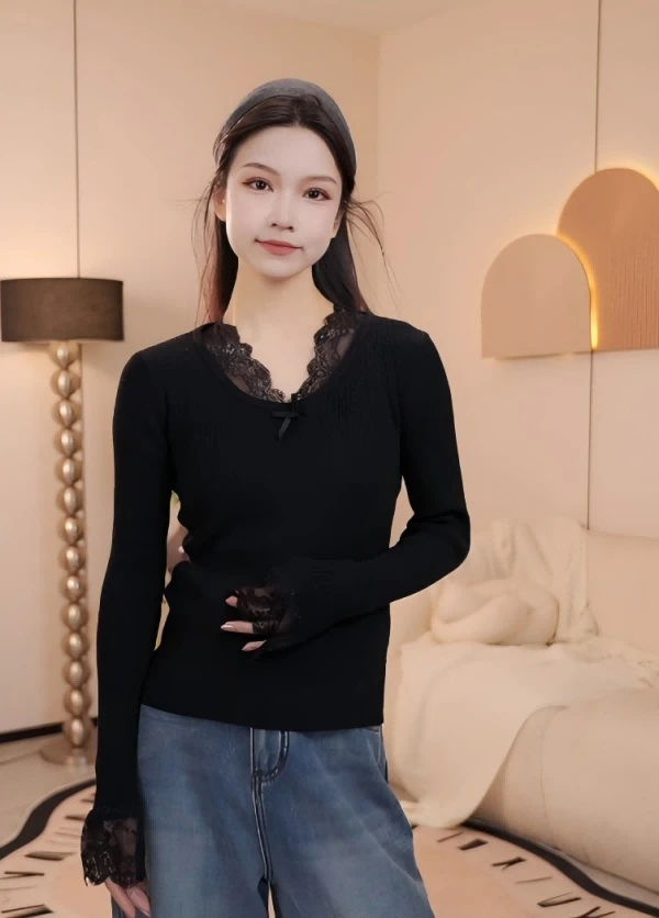 思思新款上新2025春季女士内搭打底蕾丝气质修身长袖显瘦31002