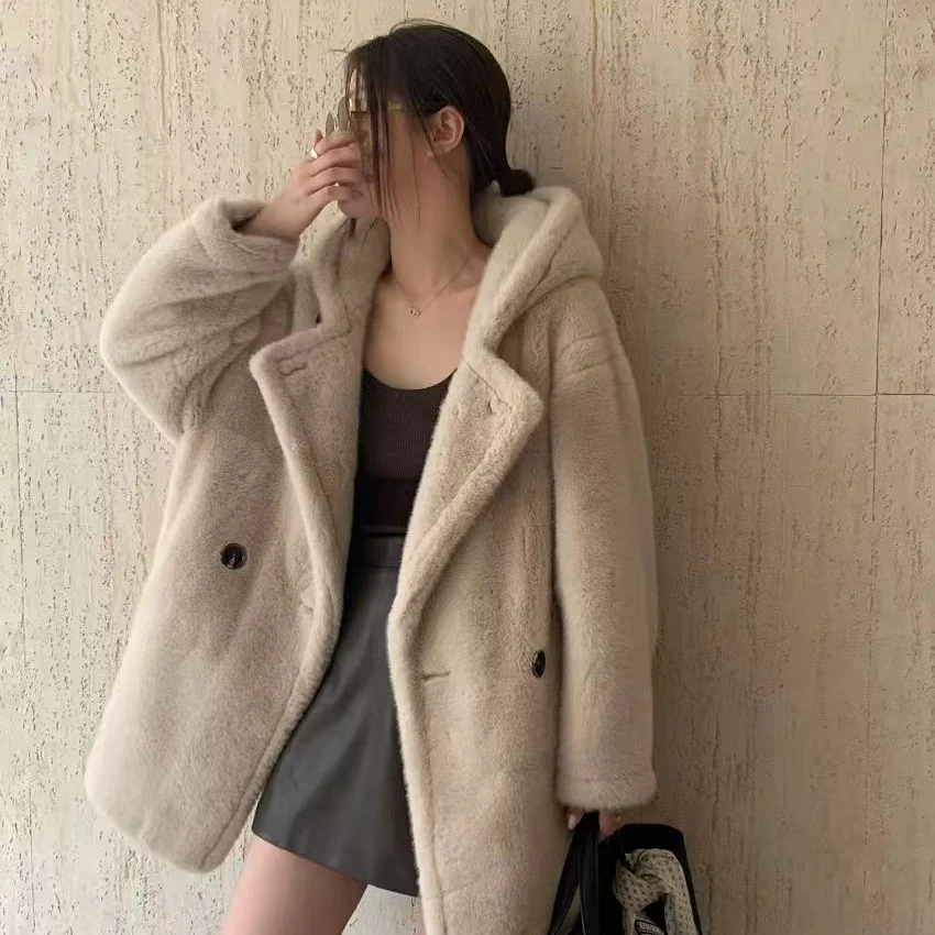 冬季女长袖连帽宽松女装水貂毛皮草外套