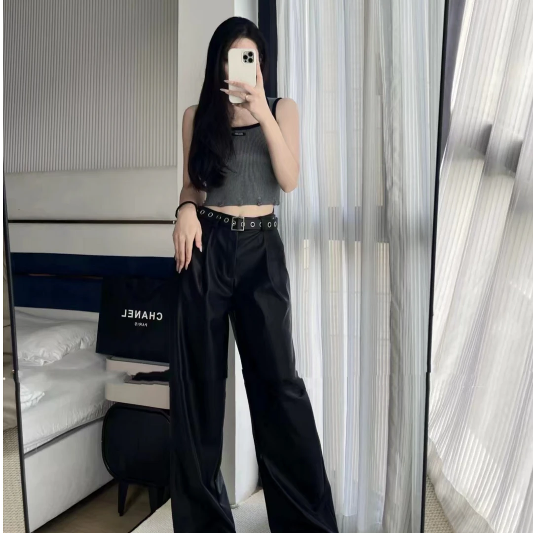 萌萌新款阔腿裤高腰直筒休闲百搭时尚显瘦运动拖地垂感皮裤8618