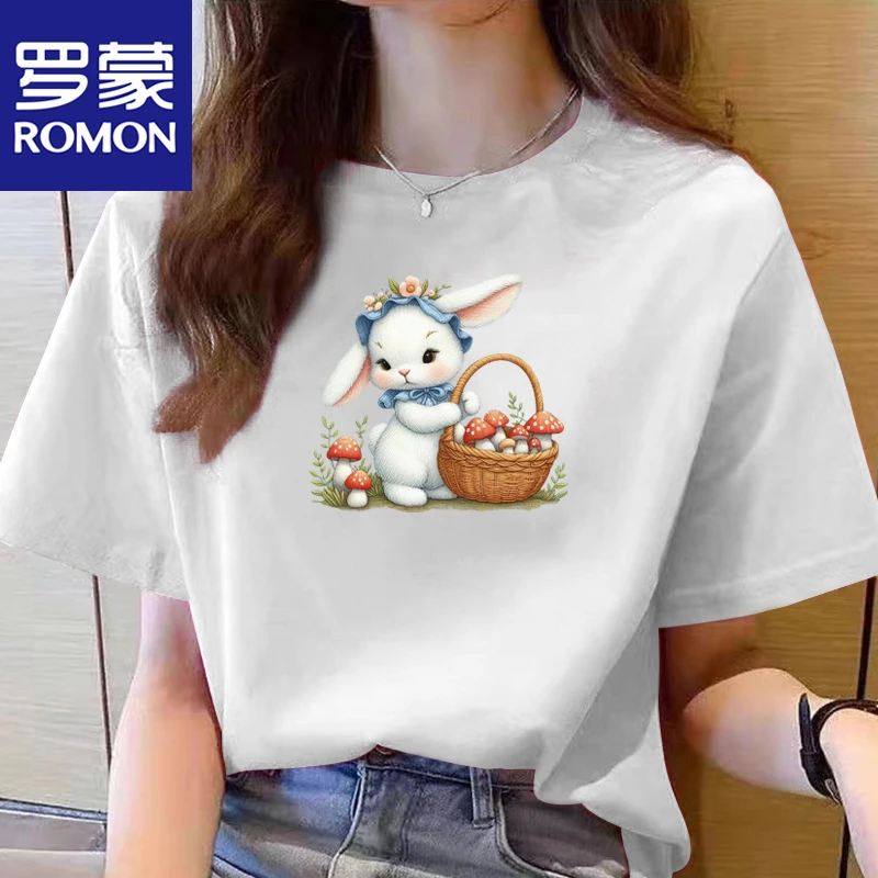 Romon/罗蒙圆领纯棉t短袖情侣印花休闲时尚夏宽松显瘦白色百搭901
