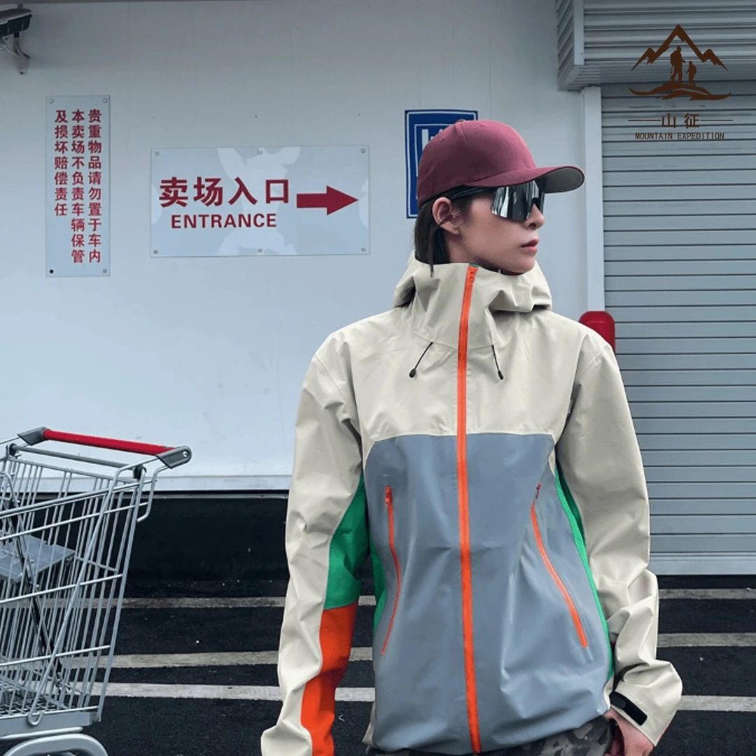 山野伯希同款鸟家四色拼色连帽压胶冲锋衣户外徒步登山男女款男款