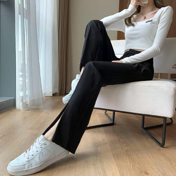 新款高腰宽松休闲拖地开叉阔腿裤 1630