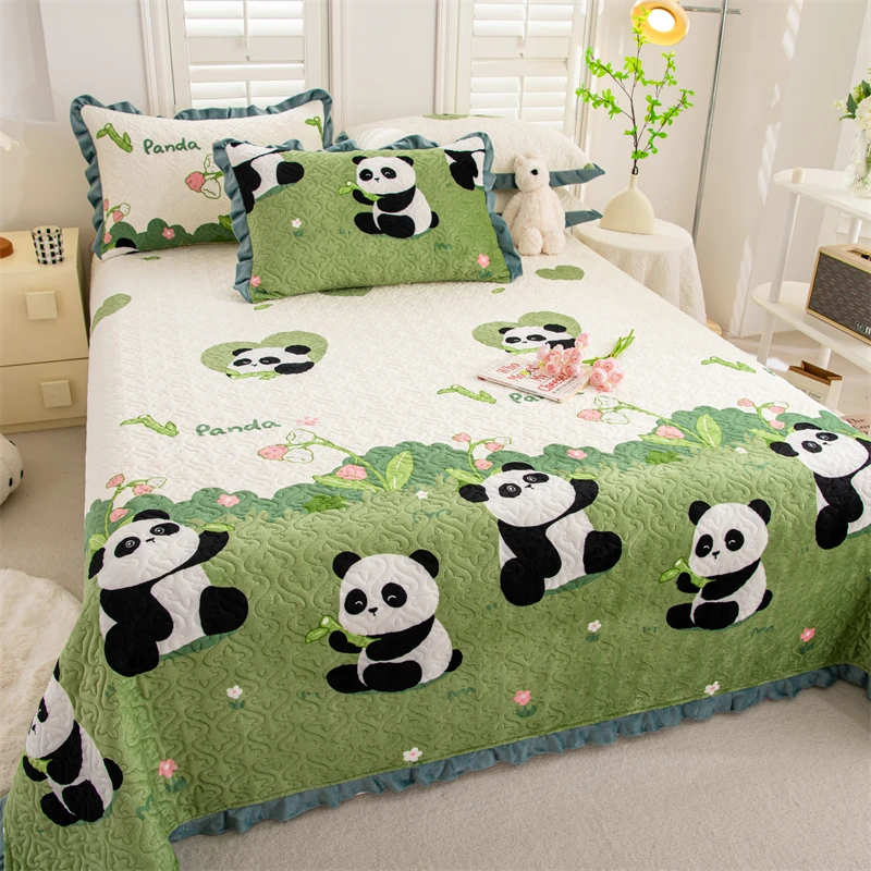 2024新款高克重加厚保暖印花牛奶绒夹棉花边床盖三件套夹棉床单