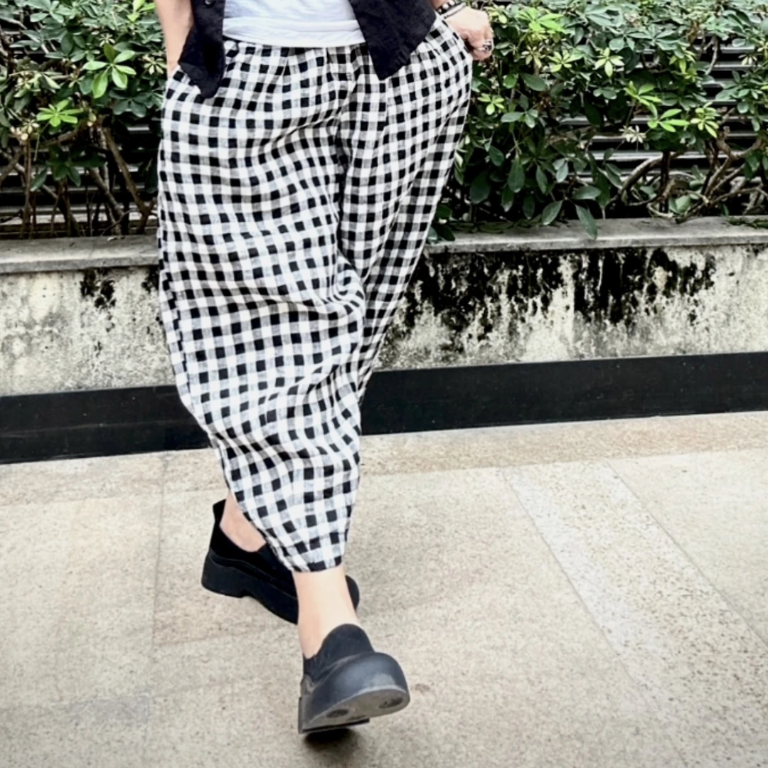 高端亚麻格子宽松九分裤哈伦裤遮肉显瘦大码松紧腰