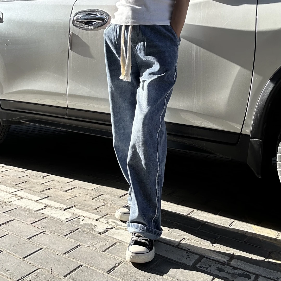 百搭牛仔裤水洗直筒做旧休闲宽松毛边设计感阔腿长裤