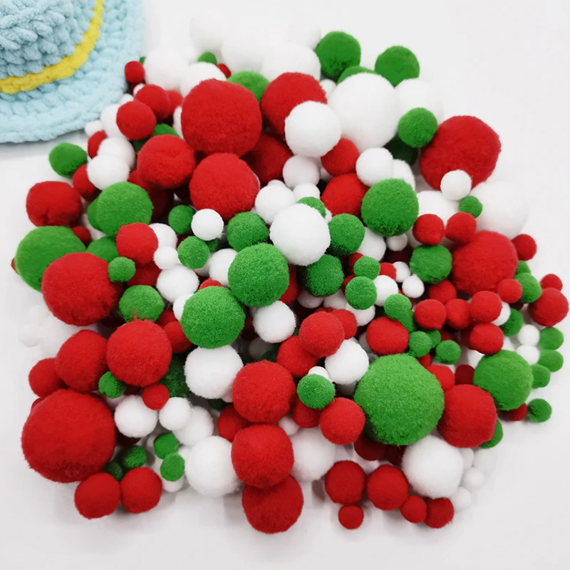 红绿圣诞毛毛球diy毛绒球幼儿园圣诞树装饰发夹手工材料彩色棉球