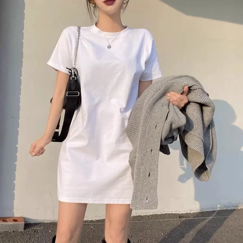 中长款纯棉纯色短袖t恤裙女夏季圆领套头舒适宽松打底显瘦连衣裙
