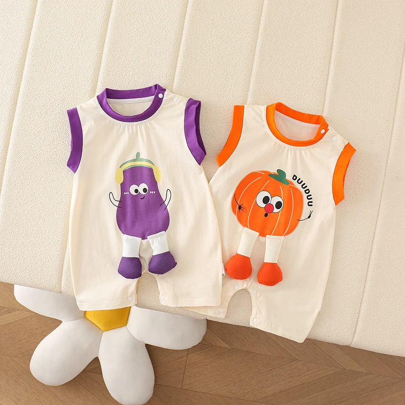 婴儿夏季洋气可爱无袖宝宝超萌立体南瓜茄子薄款连体哈衣