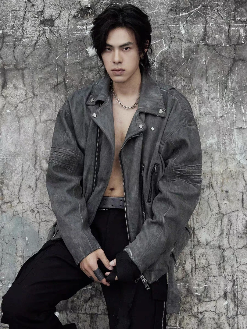 MergeLab脏染做旧破坏重工美式铠甲廓形机车衣夹克短宽硬挺