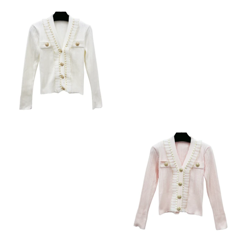 4116 白色粉色修身长袖针织开衫气质轻奢时尚设计师名媛短款