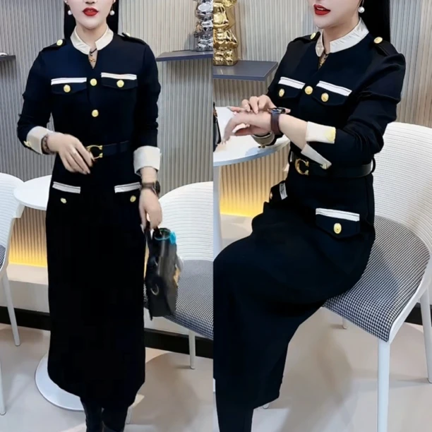 气质连衣裙女秋冬季修身中长款百搭连衣裙女9885