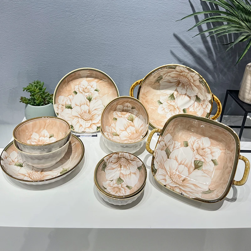 【山茶花12件套】家用碗盘陶瓷餐具套装高颜值复古轻奢米饭碗餐盘