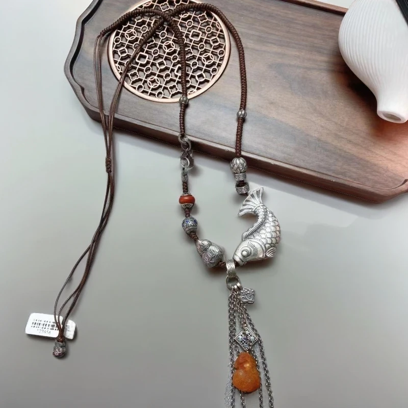 S925银 手工DIY 天然鸡油 红蜜蜡小鱼时尚流苏 复古个性款毛衣链