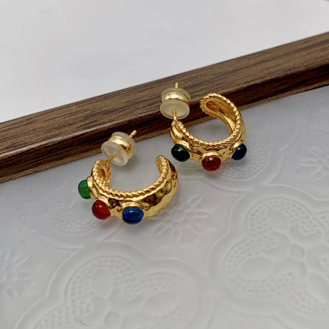 铜合金耳饰 时尚气质中古风耳圈D667宫廷风简约镶嵌精致彩色耳环