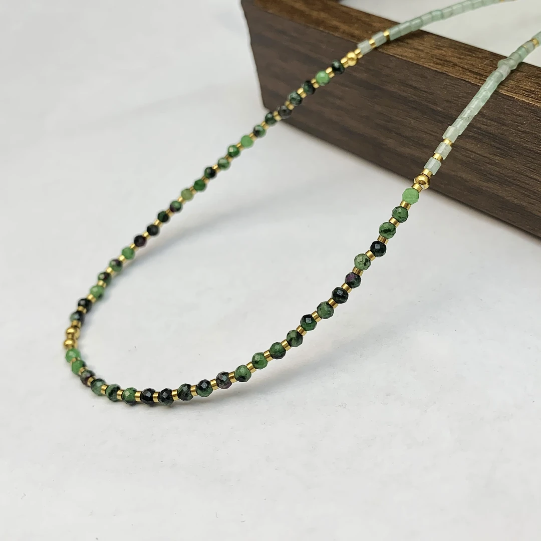 钛钢项链 时尚气质绿色珠珠彩色珠串手工锁骨链