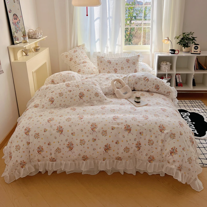 2024新款韩版全棉夹棉床裙三件套被套公主风单人被罩印花床上用品