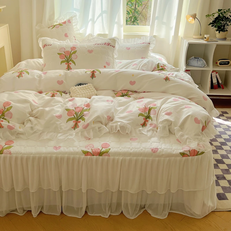 新款加厚全棉夹棉床裙四件套床罩公主风韩版荷叶边被罩床上用品