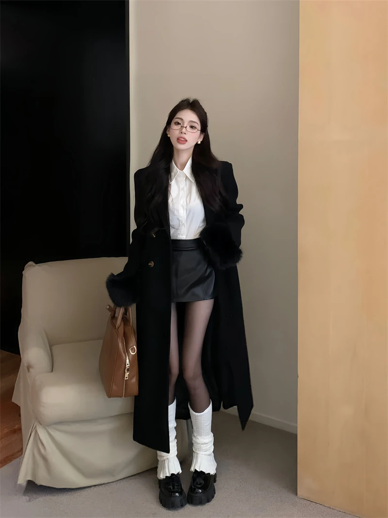 大惠子-时尚气质黑色翻领长款开衫大衣宽松休闲外套女