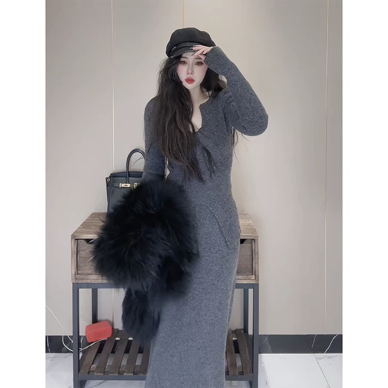 大惠子-V领开叉针织衫慵懒套装冬季半身裙长裙温柔风针织两件套