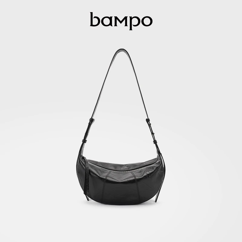 【专柜】BAMPO半坡头层牛皮斜挎包大容量冬新款月牙包腋下单肩包