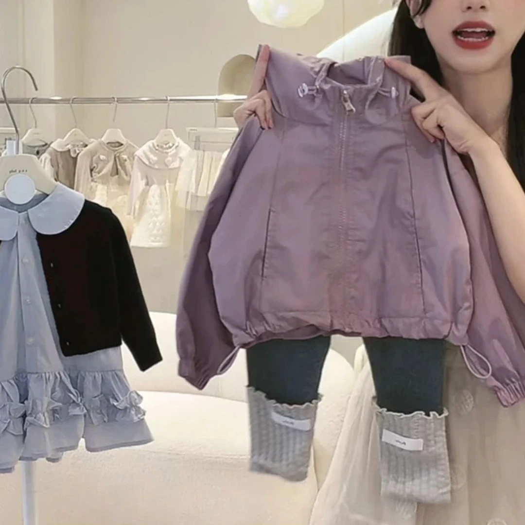 秋季女童套装韩版洋气风衣外套2024秋装新款儿童连帽冲锋衣两件套