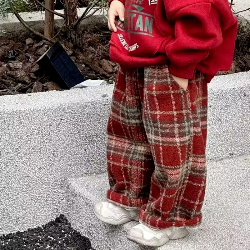 男女童裤子宝宝绒撞色加厚加绒阔腿裤儿童洋气毛呢格子裤直筒长裤