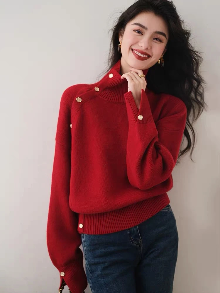 /斜边新年红/软糯慵懒风高领毛衣2023爆款设计感针织衫女92895