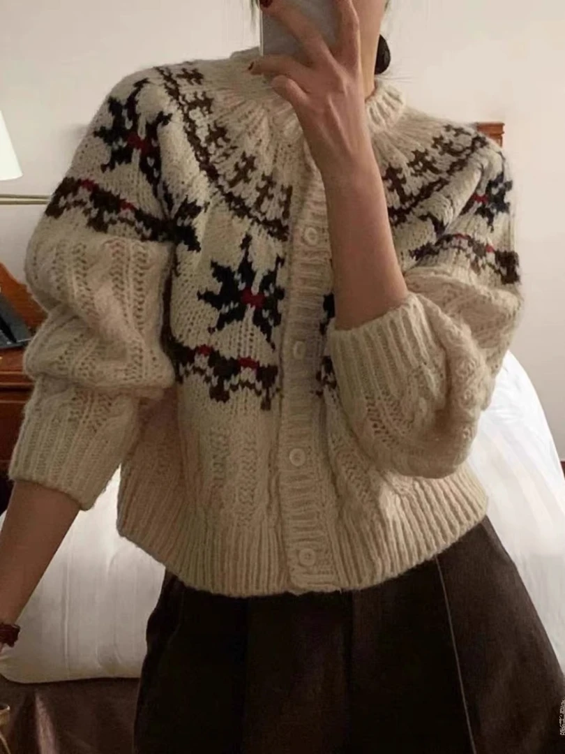 /雪花/复古雪花麻花慵懒风系扣长袖毛衣针织衫外套女Z1027