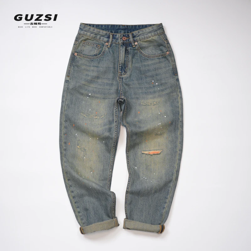 古拙司破洞油漆宽松锥形直筒牛仔裤男泼墨时尚潮流痞帅秋冬款长裤