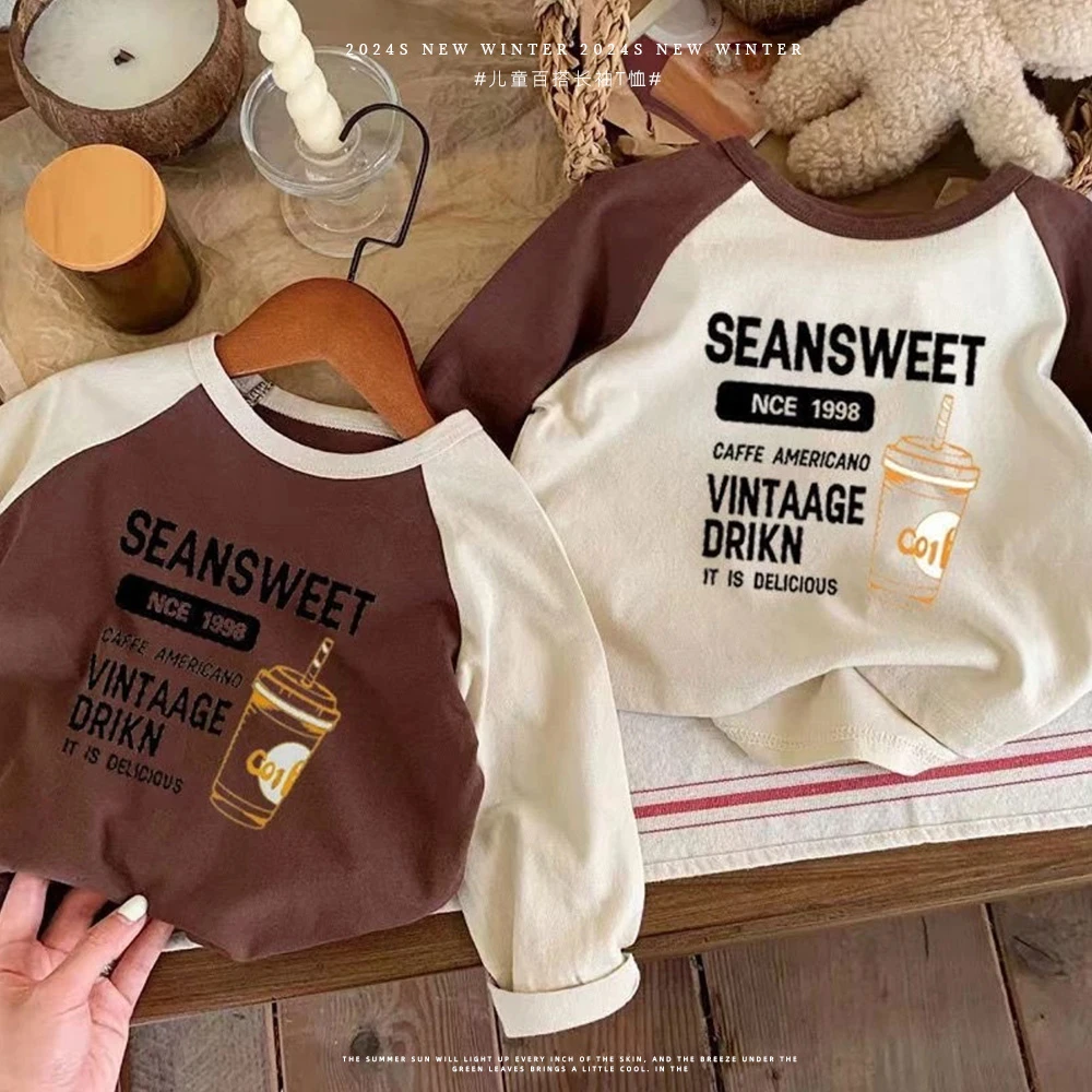 春秋新款儿童奶茶插肩休闲长袖T恤打底衫宝宝圆领上衣拼色