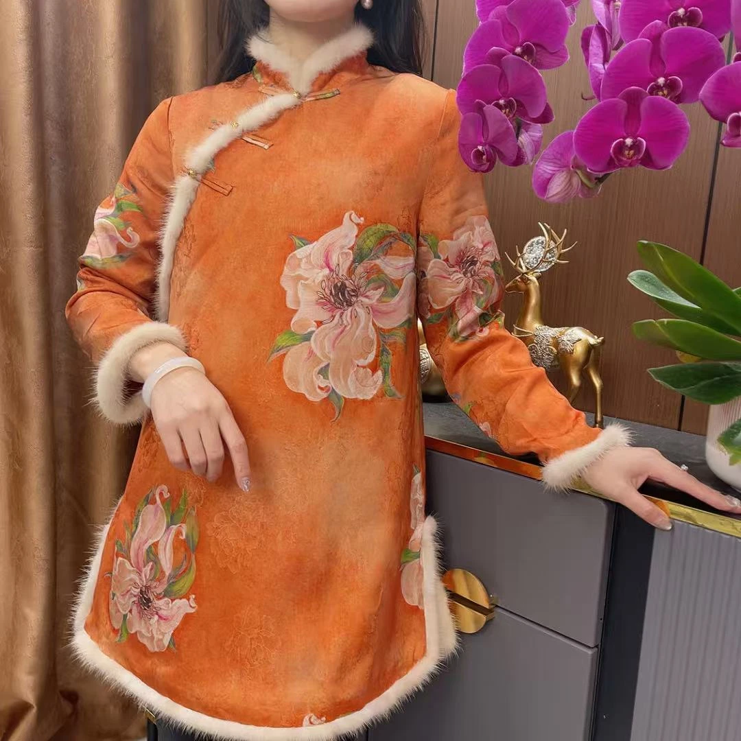 百事顺意立领中式复古加棉旗袍