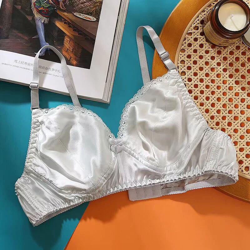 100%桑蚕丝双面双层真丝文胸薄款胸罩大码透气无海绵无钢圈内衣