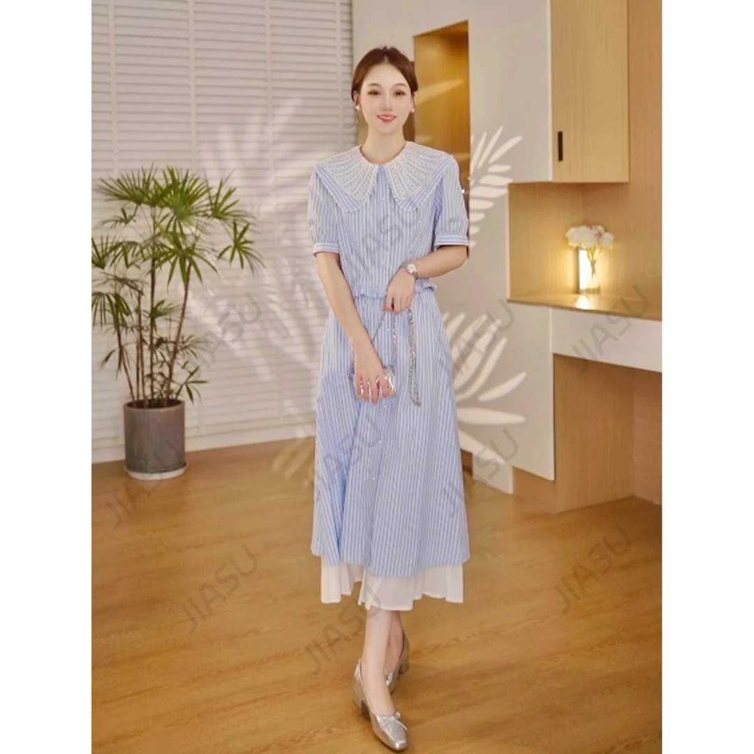 迦素JIASU 【蓝色琴弦】显瘦显白气质时尚条纹套装S175