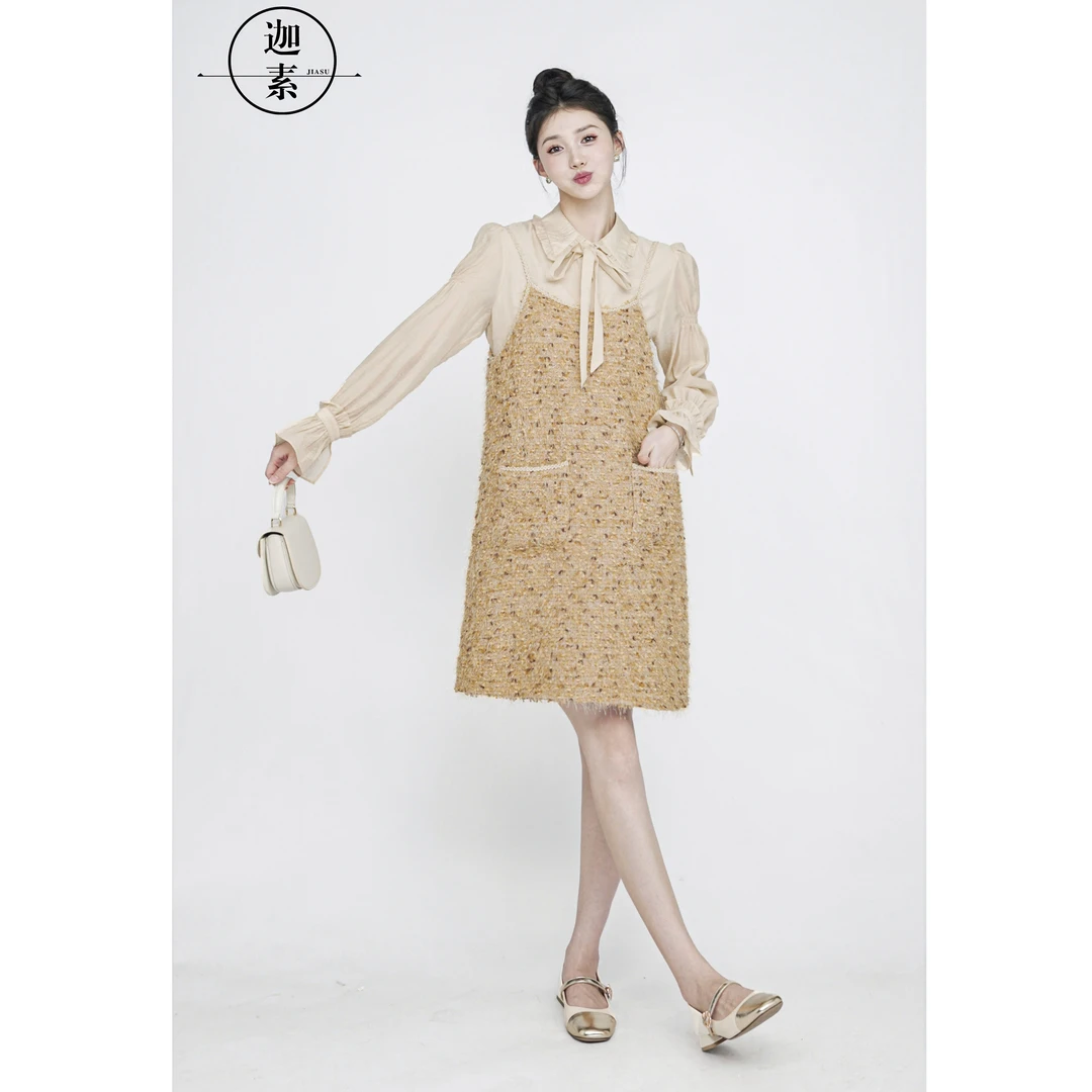 迦素JIASU【小苍兰】秋季气质显瘦显白衬衫+小香风连衣裙套装S355