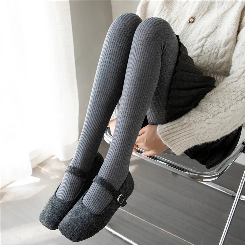 灰色连裤袜女秋冬季羊绒保暖打底袜外穿竖条麻花纹加厚咖色打底裤