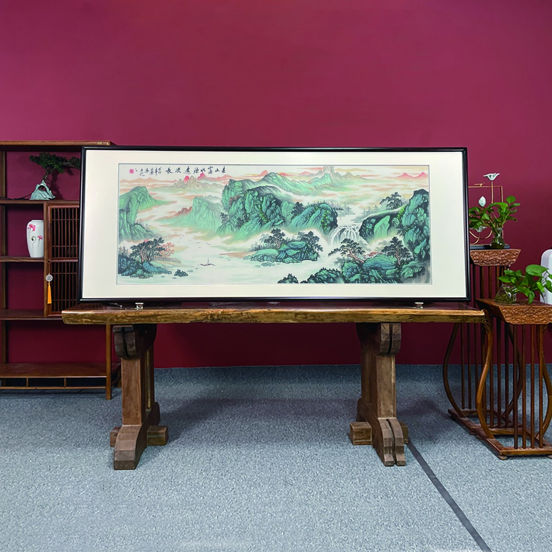 手绘画【春山富水源远流长】外框尺寸219*88cm画芯尺寸：180*70cm