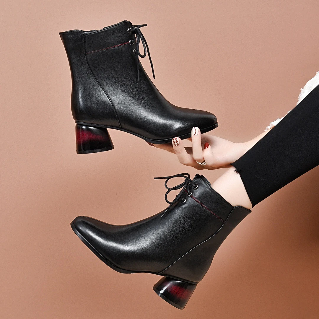 圆头真皮保暖短靴2025年秋冬爆款中跟复古优雅气质洋气百搭小裸靴