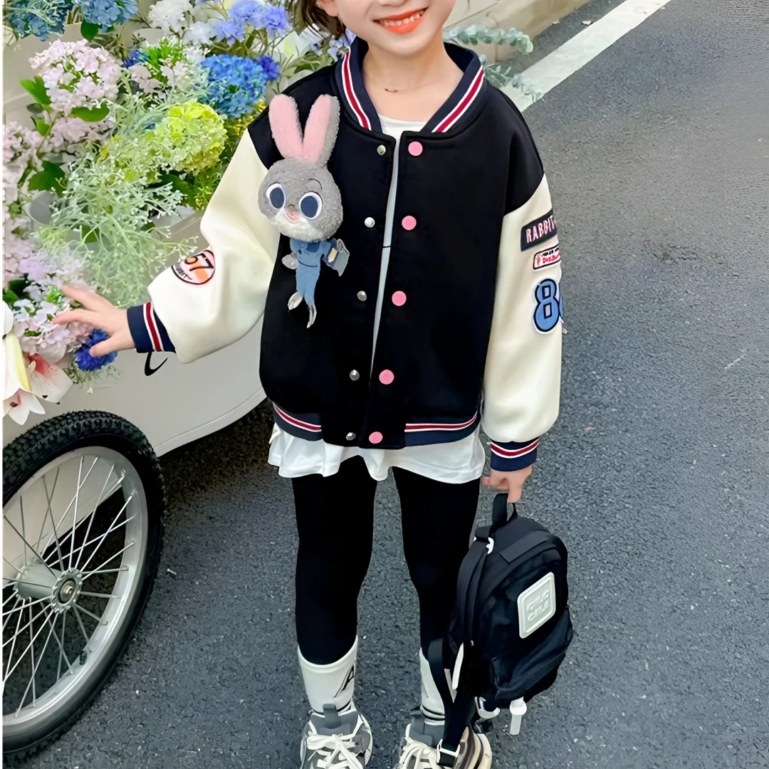 2024新款女童帅气韩版兔子警官黑白拼色棒球服外套