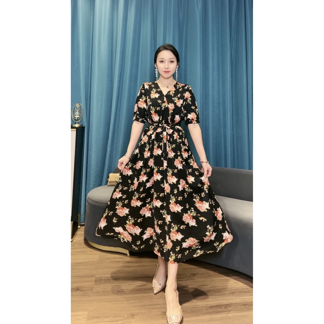 【商场高货】浪莎 夏季泛黄信优雅印花气质显瘦女装连衣裙6221